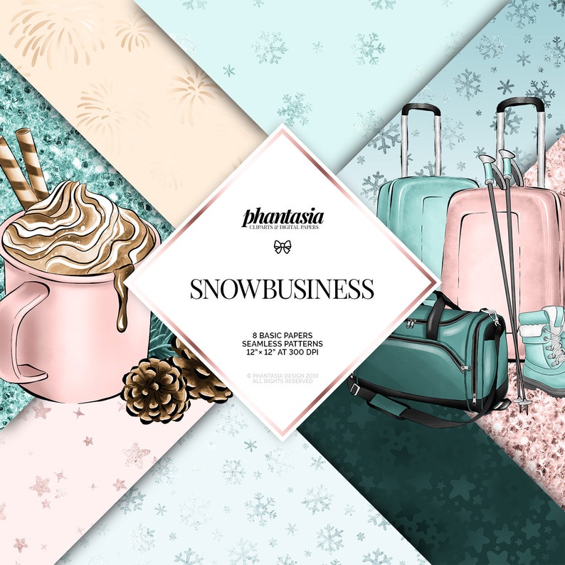 Peut inclure: Un pack de papiers num&eacute;riques avec 8 motifs sans couture repr&eacute;sentant des illustrations sur le th&egrave;me de l'hiver. Les motifs comprennent des flocons de neige, un chocolat chaud avec de la cr&egrave;me fouett&eacute;e, un sac de voyage, des b&acirc;tons de ski et des valises. Le texte "SNOWBUSINESS" est pr&eacute;sent&eacute; au centre de l'image.