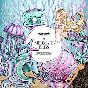Mermaids Watercolor Cliparts, Ocean Clipart, Mermaid Illustration, Fashion Mermaids, Mermaid Drawing, Mermaid Elements, Sealife Clipart