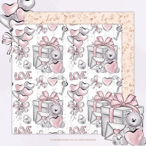 Valentines Day Digital Paper Pack, Teddy Bear, Love Digital Paper, Pink ...