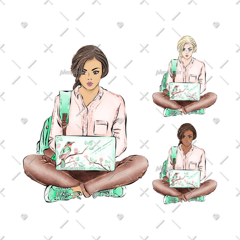 May include: Three women are sitting cross-legged on a white background. Each woman is wearing a pink button-down shirt, brown pants, and green sneakers. They are each using a laptop computer with a green and white floral design and a bird on the screen. Each woman has a green backpack.