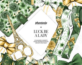 St Patricks Planner Cliparts, Planner Bows, Bow Paperclips, St Patty Clipart, St Patty Watercolor, Luck Cliparts, Green And Gold,  Hand