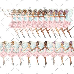 May include: A set of 14 digital illustrations of fairies wearing pink tutus and white wings. The fairies have different skin tones and hair colors. The fairies are holding wands and are in various poses.