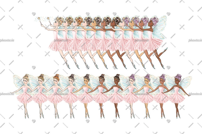 May include: A set of 14 digital illustrations of fairies wearing pink tutus and white wings. The fairies have different skin tones and hair colors. The fairies are holding wands and are in various poses.