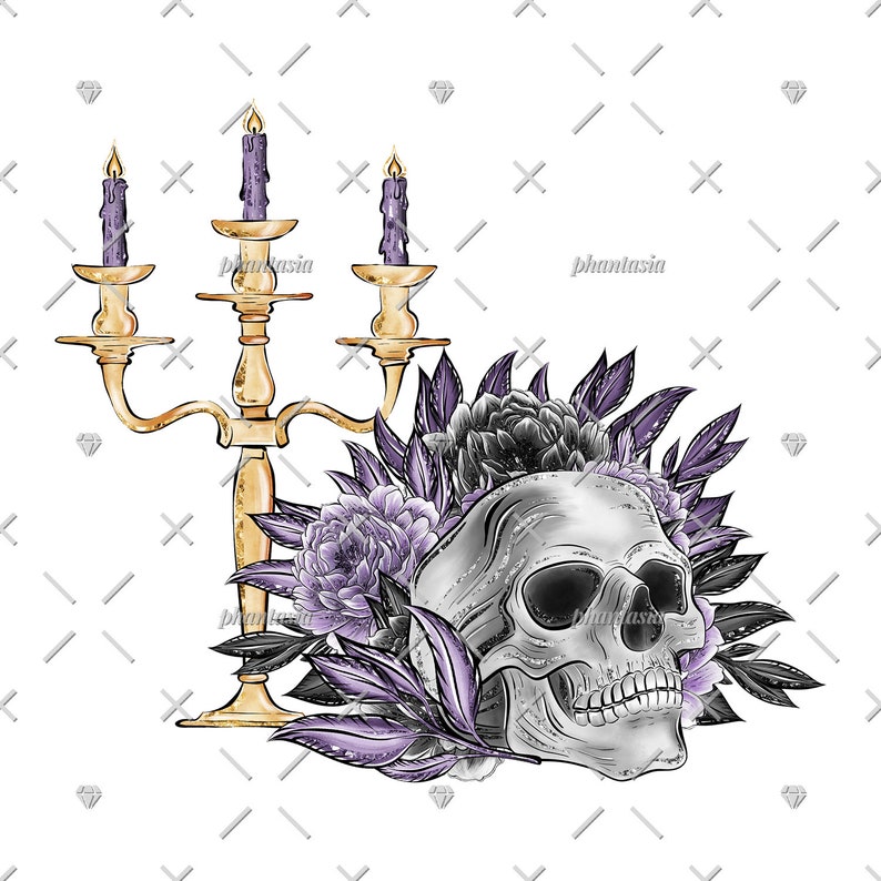 May include: A digital illustration featuring a skull adorned with purple flowers and leaves. A gold candelabra with three lit purple candles stands to the left. The word "phantasia" is written in the image.