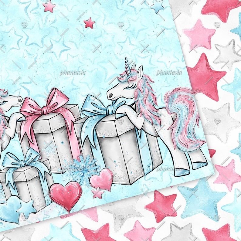 Winter Unicorn Digital Paper, Unicorn Pattern, Seamless Unicorns, Cute Unicorns, Winter Planner, Unicorn Stickers, Unicorn Background image 2