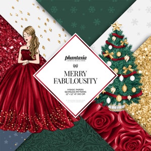 Könnte beinhalten: Ein digitales Papierpaket mit einem Weihnachtsmotiv. Das Paket enthält acht nahtlose Muster mit einem roten Kleid mit goldenem Glitzer, einem Weihnachtsbaum mit roten und goldenen Ornamenten, roten Rosen und einem grünen Schneeflockenmuster. Der Text "phantasia" und "Merry Fabulosity" ist im Design enthalten.