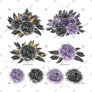 May include: A collection of floral illustrations featuring peonies in various arrangements. The flowers are depicted in shades of black, gray, and purple, with accents of gold. The leaves are black, and the background is white.