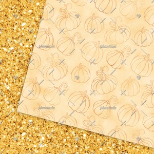 May include: A seamless pattern featuring a light brown background with a repeating pattern of hand-drawn outline pumpkins. The pumpkins are a light orange color and have a subtle watercolor effect.