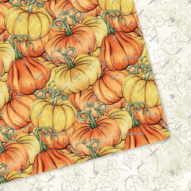 May include: A seamless pattern featuring a variety of orange and yellow pumpkins with green stems. The pumpkins are arranged in a random pattern and are overlapping each other. The background is a white, textured surface.