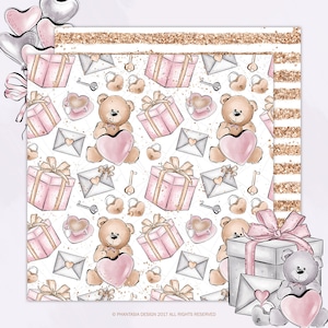Valentines Day Digital Paper Pack, Teddy Bear, Love Digital Paper, Pink ...