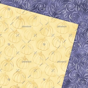 May include: A seamless pattern featuring a light yellow background with a repeating pattern of gold outline pumpkins. The pattern is bordered by a purple background with a repeating pattern of white outline flowers and leaves.