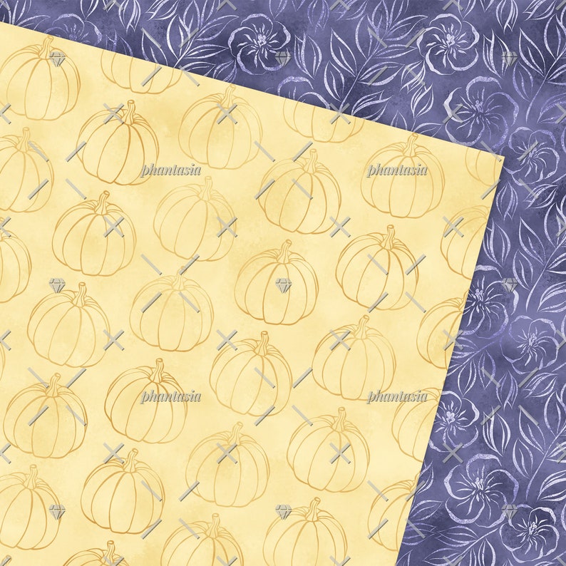May include: A seamless pattern featuring a light yellow background with a repeating pattern of gold outline pumpkins. The pattern is bordered by a purple background with a repeating pattern of white outline flowers and leaves.