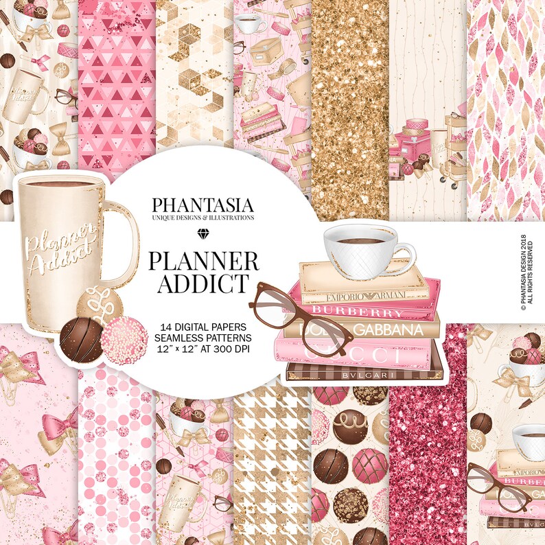 Planner Addict Digital Paper Pack Luxury Textures Pink and Gold Scrapbooking Paper Planner Digital Paper Watercolor Planner Book