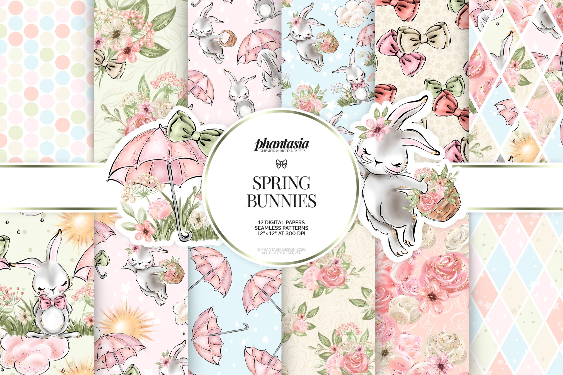 Spring Bunny Digital Paper, Cute Animals, Watercolor Patterns, Spring ...