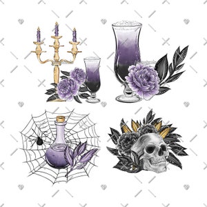 May include: A digital illustration featuring four Halloween-themed designs. Includes a gold candelabra with purple candles, two cocktails, a potion bottle in a spiderweb, and a skull with flowers. All elements have a purple and black color scheme.