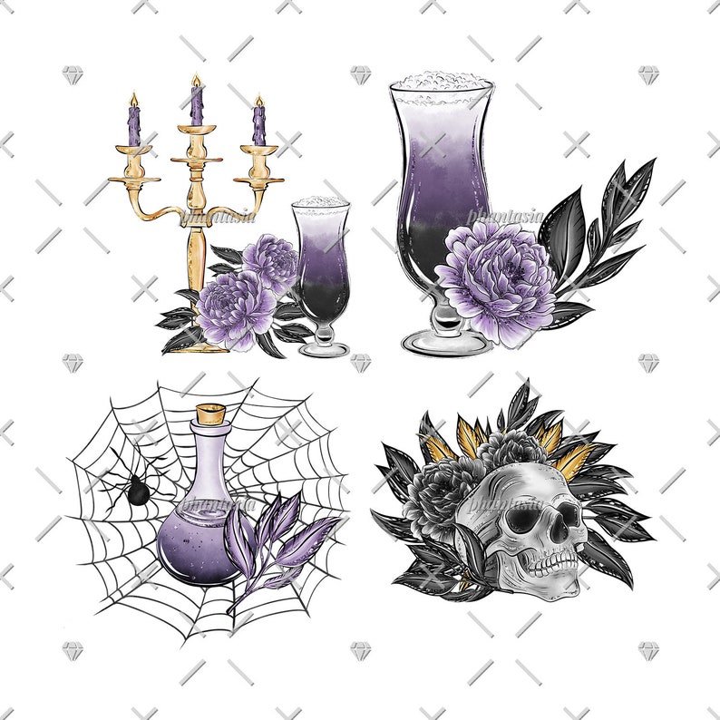 May include: A digital illustration featuring four Halloween-themed designs. Includes a gold candelabra with purple candles, two cocktails, a potion bottle in a spiderweb, and a skull with flowers. All elements have a purple and black color scheme.
