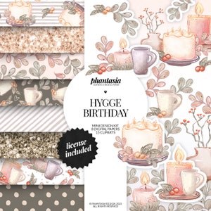 Hygge Digital Kit, Birthday Clipart, Watercolor Clipart, Seamless Pattern, Ghygge Clipart, Surface Pattern, Hygge Graphics