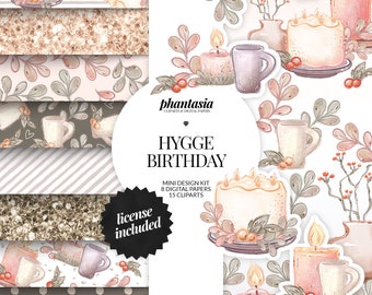 Hygge Digital Kit, Birthday Clipart, Watercolor Clipart, Seamless Pattern, Ghygge Clipart, Surface Pattern, Hygge Graphics