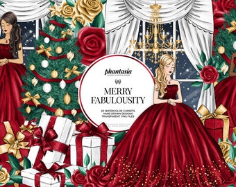 Christmas Watercolor Cliparts, Christmas Dress, Elegant Christmas, Glam Christmas, Christmas Fashion Clipart, Luxury Christmas