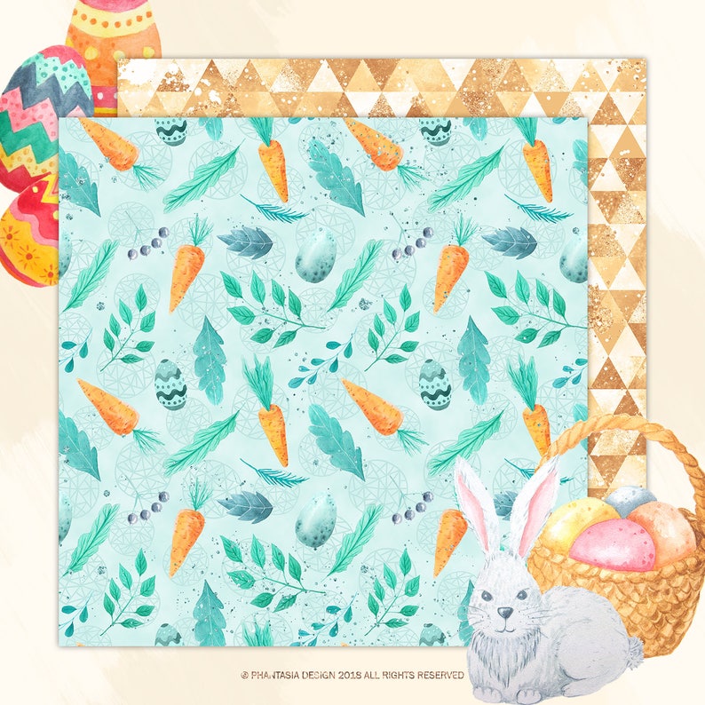 May include: A watercolor illustration of an Easter bunny holding a basket of colorful eggs. The background features a repeating pattern of carrots, leaves, and eggs on a light blue background.