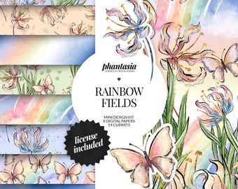 Rainbow Digital Kit, Butterflies Clipart, Watercolor Clipart, Seamless Pattern, Spring Flowers, Surface Pattern, Spring Graphics