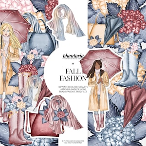 K&ouml;nnte beinhalten: Ein Set mit 30 Aquarell-Clipart-Illustrationen mit Herbstmode-Artikeln, darunter Regenstiefel, Regenschirme, Handtaschen, Schals und eine Frau in einem gelben Regenmantel. Die Illustrationen sind handgezeichnet und haben einen verspielten, herbstlichen Charakter.