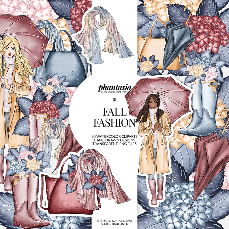 K&ouml;nnte beinhalten: Ein Set mit 30 Aquarell-Clipart-Illustrationen mit Herbstmode-Artikeln, darunter Regenstiefel, Regenschirme, Handtaschen, Schals und eine Frau in einem gelben Regenmantel. Die Illustrationen sind handgezeichnet und haben einen verspielten, herbstlichen Charakter.