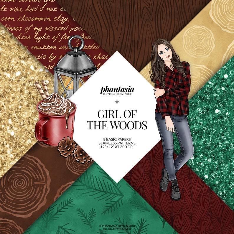May include: Digital paper pack with 8 seamless patterns featuring a girl in a red and black plaid shirt, a cup of hot chocolate, a lantern, pine cones, and various wood grain textures. The text "Girl of the Woods" is in the center of the image.