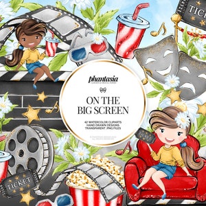 Cinema Watercolor Clipart, Cinema Clipart, Movie Clipart, Cinema Graphics, Cinema Elements, Ticket Png, Clapper Png, Daisy Flowers