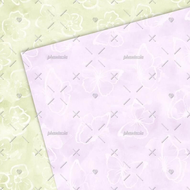 May include: A seamless pattern featuring white butterflies on a light purple background. The butterflies are drawn in a delicate, watercolour style and are scattered randomly across the surface. The background is a soft, pastel purple with a subtle watercolour texture.