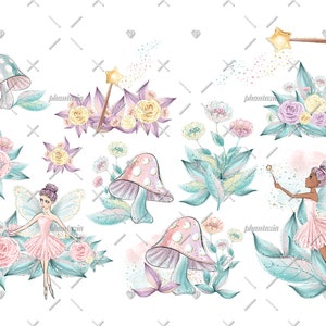 May include: A set of digital illustrations featuring fairies, mushrooms, and flowers. The fairies have wings and are wearing pink dresses. The mushrooms are pink and white with green stems. The flowers are pink, yellow, and white.