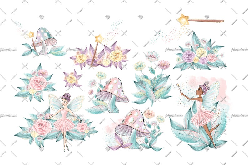 May include: A set of digital illustrations featuring fairies, mushrooms, and flowers. The fairies have wings and are wearing pink dresses. The mushrooms are pink and white with green stems. The flowers are pink, yellow, and white.