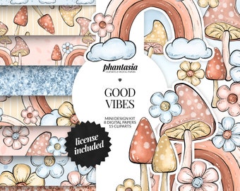 Good Vibes Digital Kit, Rainbow Clipart, Watercolor Clipart, Seamless Pattern, Groove Clipart, Surface Pattern, Good Vibes Graphics