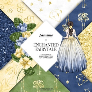 May include: A digital paper pack with 8 seamless patterns featuring a fairytale theme. The patterns include gold keys, stars, diamonds, flowers, and glitter. The patterns are 12 inches by 12 inches at 300 DPI.