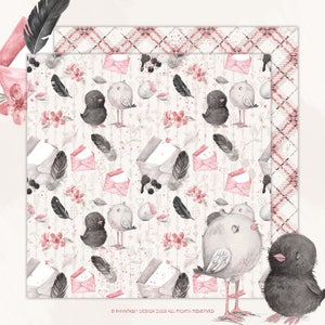 May include: A seamless pattern featuring a repeating design of black and grey birds, pink envelopes, and feathers on a white background. The pattern is perfect for crafting projects, scrapbooking, and digital design.