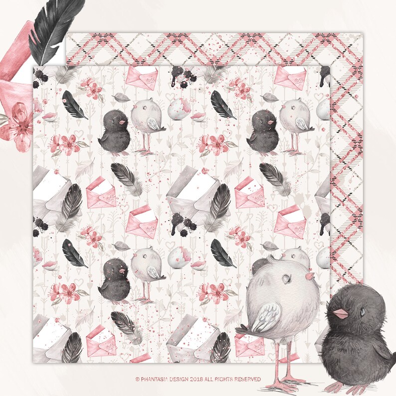 May include: A seamless pattern featuring a repeating design of black and grey birds, pink envelopes, and feathers on a white background. The pattern is perfect for crafting projects, scrapbooking, and digital design.