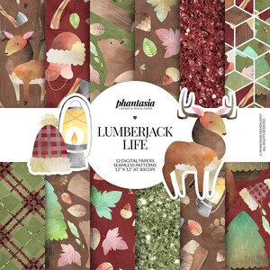 Puede incluir: Un conjunto de 12 patrones de papel digital con temática de leñador. Los patrones incluyen una tela escocesa roja y verde, una escena de bosque marrón y verde, un patrón de purpurina roja, un patrón geométrico verde y marrón, y un patrón marrón y blanco con un ciervo, un oso y una linterna. El texto "Lumberjack Life" se muestra en el centro de la imagen.