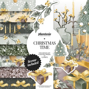 Christmas Clipart Bundle, Christmas Digital Papers, Xmas Watercolor Clipart, Seamless Patterns, Christmas Kit, Xmas Digital Scrapbook