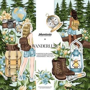 以下が含まれることがあります： 水彩のクリップアートセット。バックパックを背負った女性、コンパス、ランタン、ハイキングブーツ、懐中電灯が描かれています。セットのタイトルは「Wanderlust」で、手描きのデザインが44点含まれています。