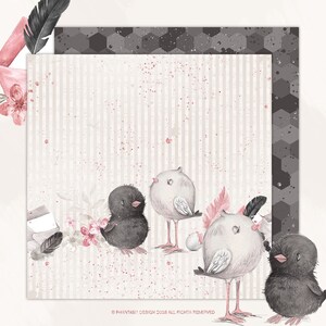 May include: A digital paper pack with a watercolour design featuring four cute baby chicks. The background is a light grey with pink and white stripes. The chicks are black and white with pink accents. The paper pack is perfect for scrapbooking, card making, and other paper crafts.