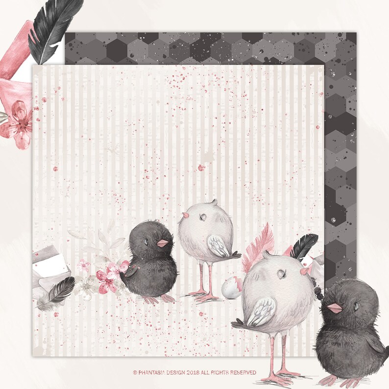 May include: A digital paper pack with a watercolour design featuring four cute baby chicks. The background is a light grey with pink and white stripes. The chicks are black and white with pink accents. The paper pack is perfect for scrapbooking, card making, and other paper crafts.