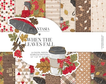 Fall Watercolor Digital Paper Pack, Fashion Illustration, Gold Glitter, Autumn Leaves, Fall Girl, Umbrella and Bag, Scrapbooking Paper
