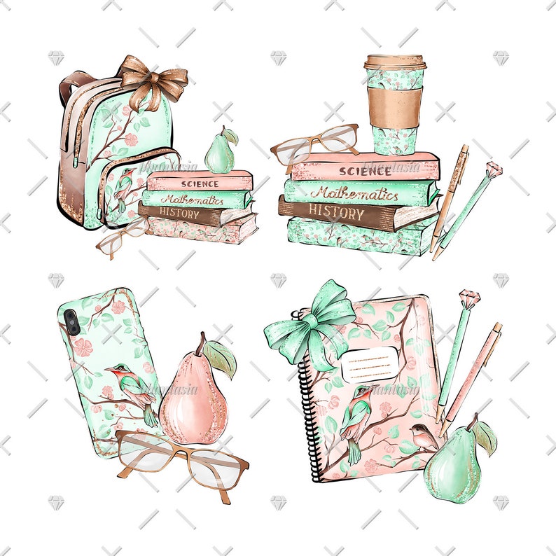 May include: A set of four digital illustrations featuring school supplies, including a backpack, books, a notebook, a phone, a pear, glasses, and pencils. The illustrations are in a watercolor style with a pink and green color scheme.