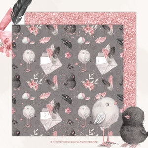 May include: A seamless pattern featuring a grey background with pink flowers, black birds, white chicks, and white envelopes with pink feathers. The pattern is perfect for crafting projects, scrapbooking, and digital design.