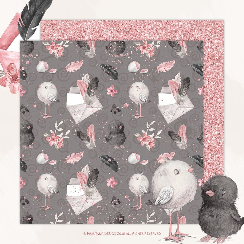 May include: A seamless pattern featuring a grey background with pink flowers, black birds, white chicks, and white envelopes with pink feathers. The pattern is perfect for crafting projects, scrapbooking, and digital design.