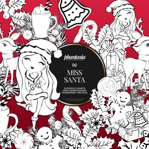 Christmas Doodle Cliparts, Miss Santa Clipart, Xmas Elements, Black And White, Coloring Pages, Outline Clipart, Digital Stamps