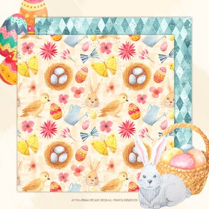 May include: A watercolor illustration of an Easter scene with a white bunny sitting next to a wicker basket filled with colorful eggs. The background features a repeating pattern of eggs, birds, nests, butterflies, and flowers.