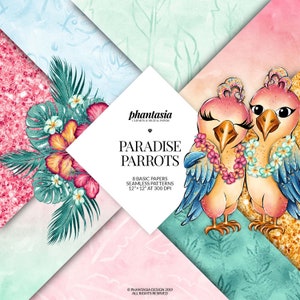 Puede incluir: Dos loros de dibujos animados con collares de flores, con un fondo tropical. El texto "Paradise Parrots" est&aacute; en el centro de la imagen. El texto "8 Basic Papers Seamless Patterns 12"x12" at 300 DPI" est&aacute; debajo del t&iacute;tulo.