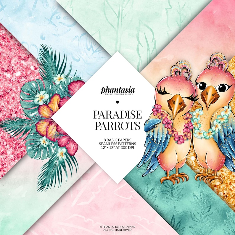 Puede incluir: Dos loros de dibujos animados con collares de flores, con un fondo tropical. El texto "Paradise Parrots" est&aacute; en el centro de la imagen. El texto "8 Basic Papers Seamless Patterns 12"x12" at 300 DPI" est&aacute; debajo del t&iacute;tulo.