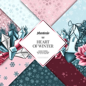 Könnte beinhalten: Digitales Papierpaket mit 8 nahtlosen Mustern mit Wintermotiven. Die Muster beinhalten Schneeflocken, Kristalle und einen High-Heel-Schuh mit einem Blumendesign. Der Text "Heart of Winter" befindet sich in der Mitte des Bildes.